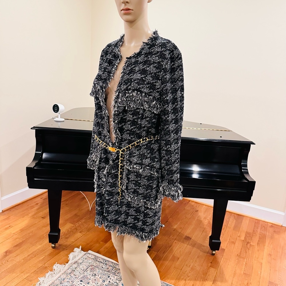 NWT RARE Luxury Classic Minimalist Zara Houndstooth Tweed Fringe Coat/Jacket - Picture 12 of 17